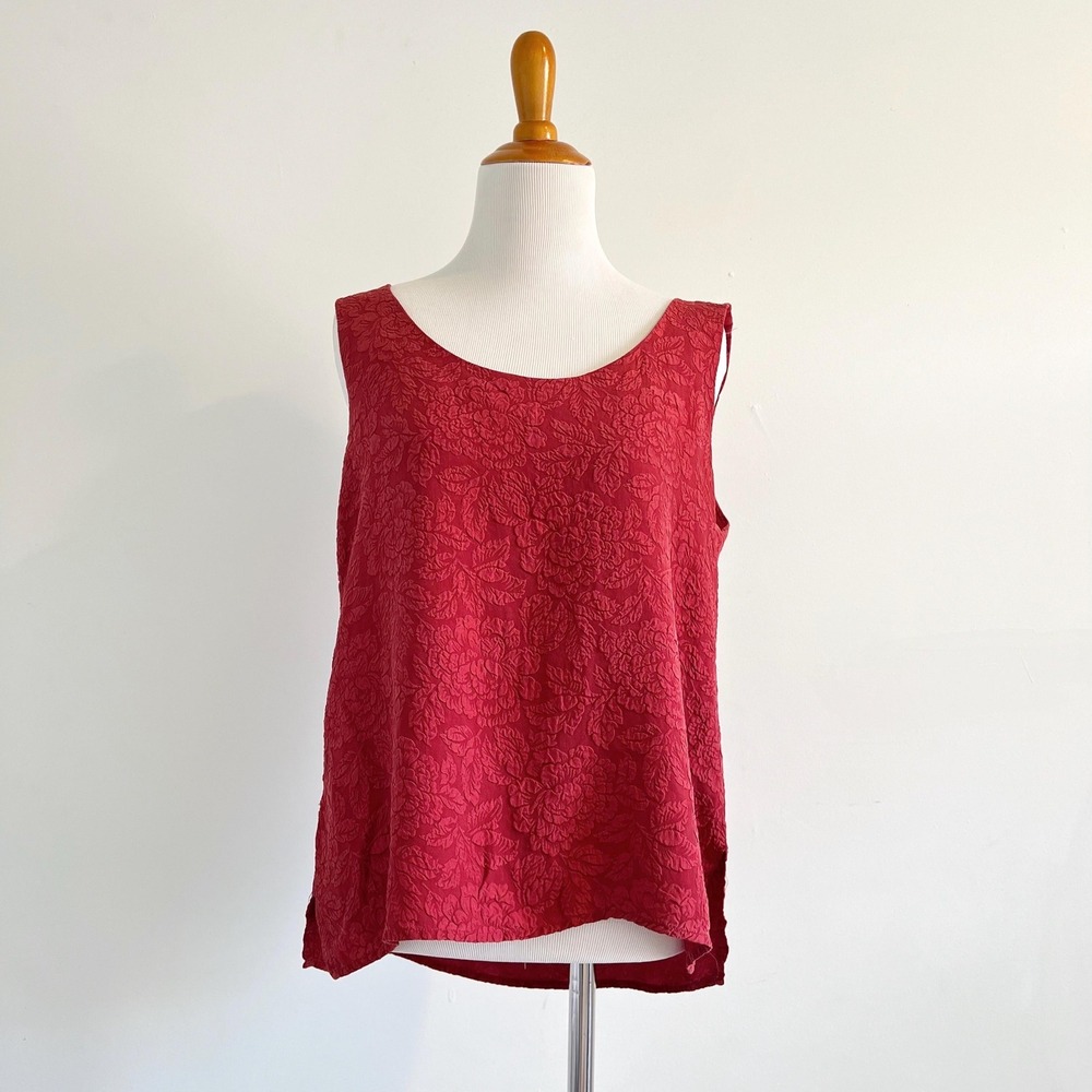 Vintage Red Silk Floral Textured Tank Top Jacquard Washed Silk Sleeveless Blouse